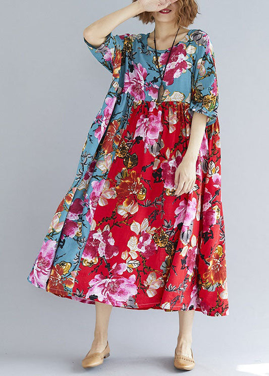 Red Green Print Linen Cotton Quilting Dresses O Neck Patchwork Loose Summer Dress