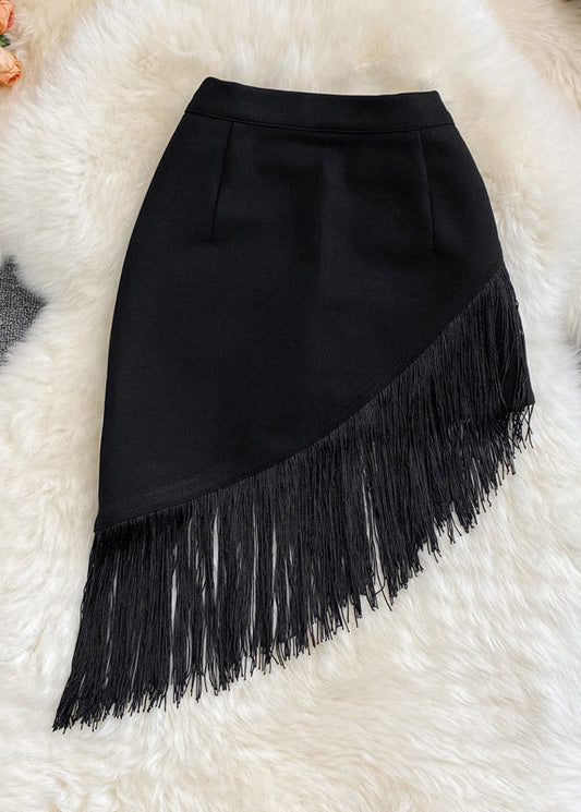 Black Asymmetrical Tassel High Waist Skirt Summer