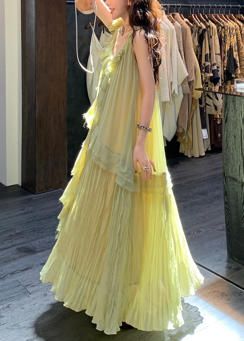 Green V Neck Lace Up Wrinkled Chiffon Long Dress Sleeveless