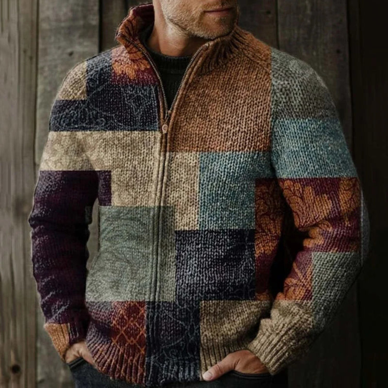 Men's Vintage Western Patchwork Design Graphic Zip Sweater elevenforest