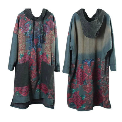 Modern Green Print Cotton Clothes Hooded Drawstring Art Dress