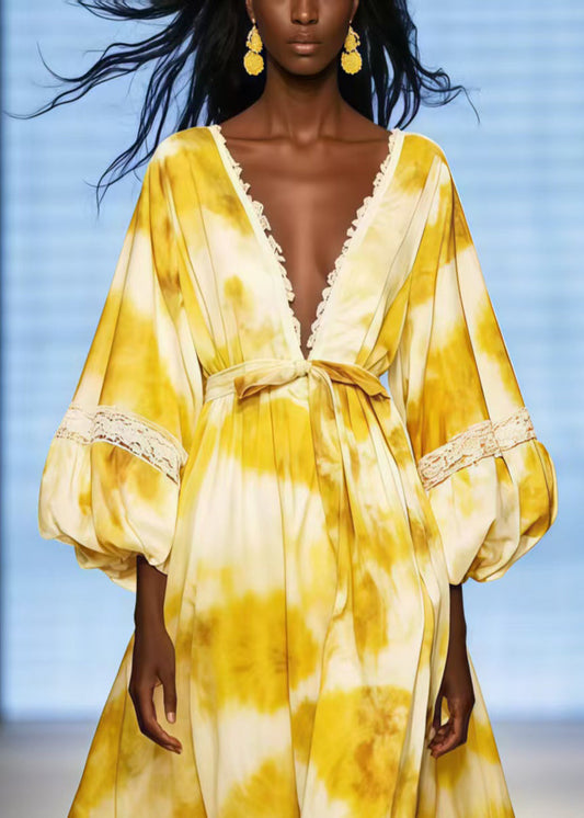 Yellow Deep-v Neck Tie Dye Chiffon Dress Lantern Sleeve