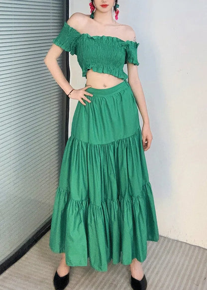 Green Slash Neck Ruffled Top and Maxi Skirts Two Piece Set Summer