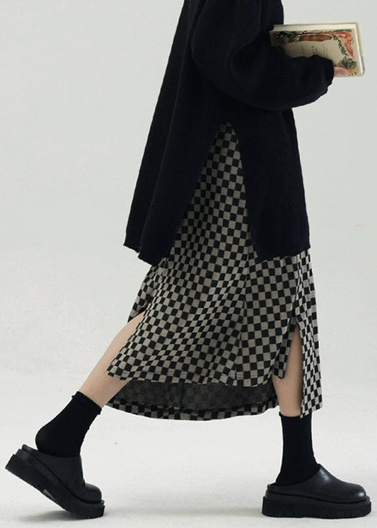 Plaid Side Open High Waist Cotton Skirt Fall