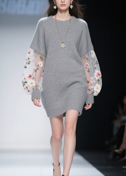 Grey O Neck Tulle Patchwork Knit Dress Winter
