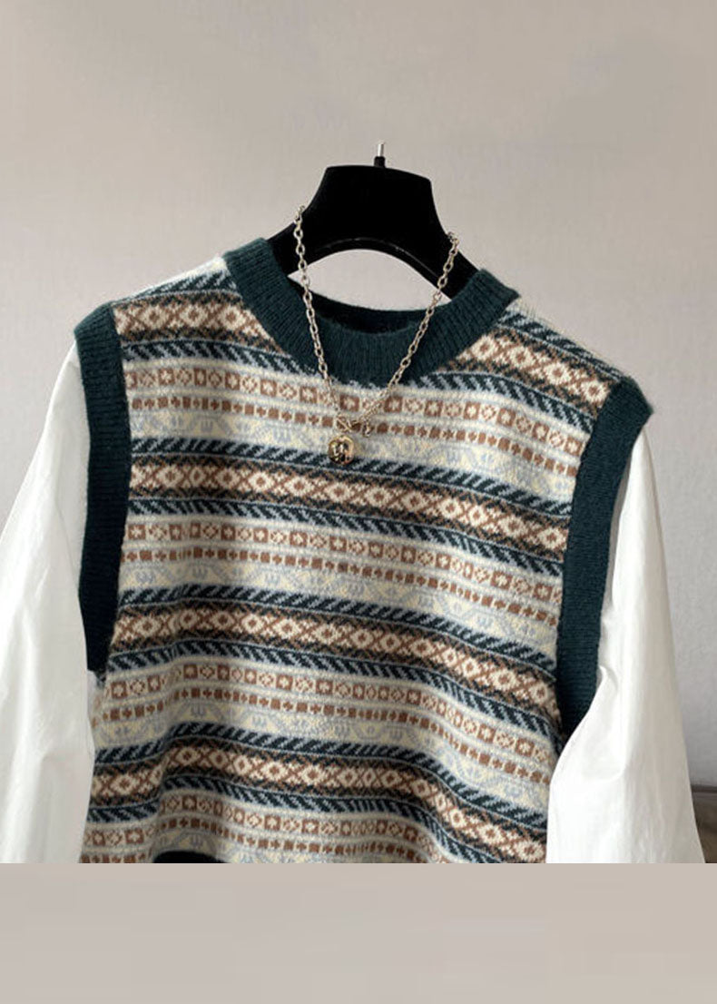 Handmade Blackish Green O-neck Print Patchwork Knit Tops Fall