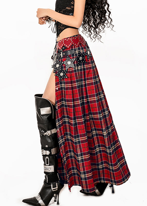 Red Asymmetrical Red Plaid Side Open a Line Skirt Summer