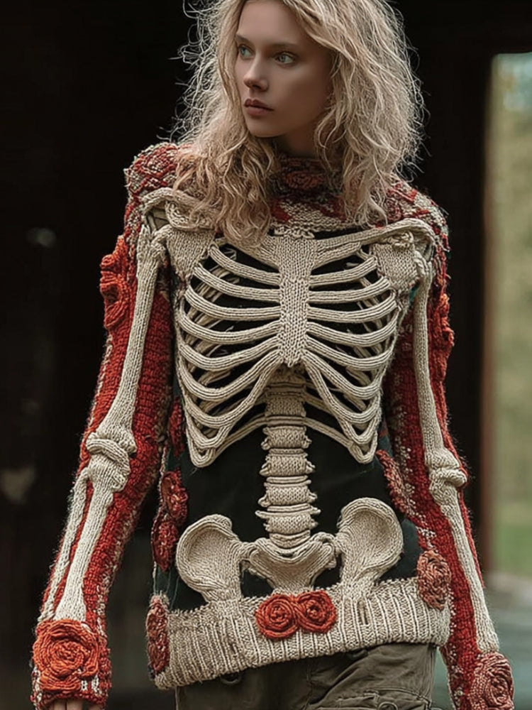 Comstylish Halloween Human Skeleton Rose Round Neck Sweater