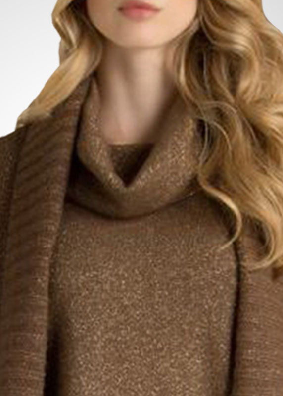Boutique Brown Turtle Neck Wool Knit Sweater and Cardigan Two Piece Set Outfits Winter