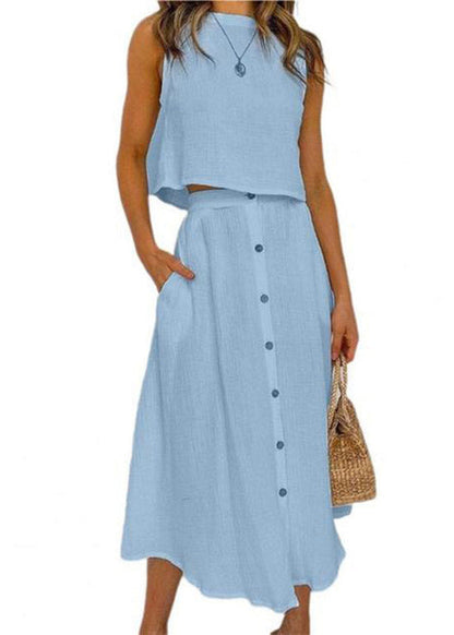 Brief Blue O-neck Top and Maxi Skirts Two Pieces Set Summer