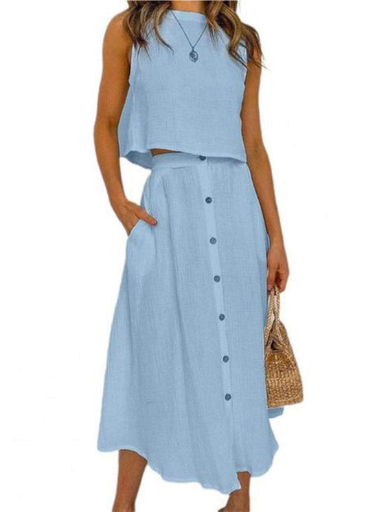 Brief Blue O-neck Top and Maxi Skirts Two Pieces Set Summer