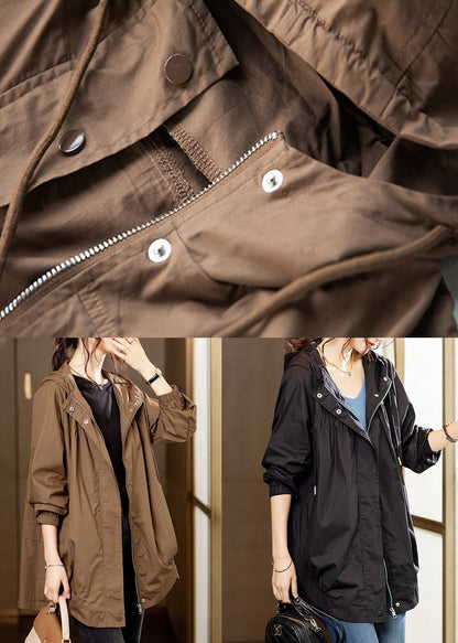 Coffee Hooded Pockets Patchwork Cotton Coats Fall