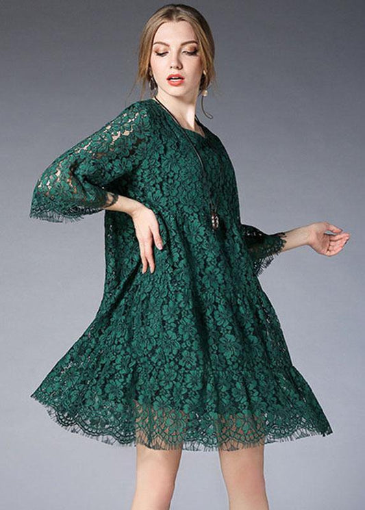 Green O-neck Lace Spring Vacation Dress Half Sleeve