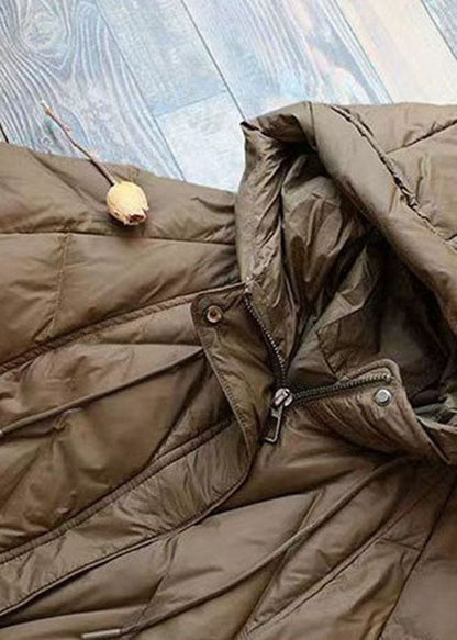 Boutique Coffee Hooded Drawstring Pockets Duck Down Puffer Jacket Winter