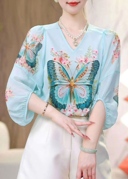 Blue O-neck Butterfly Print Chiffon Shirts Fall