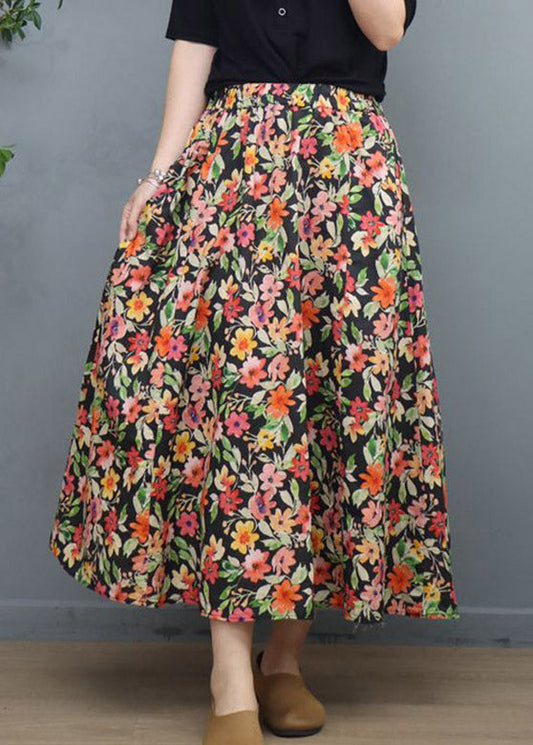 Natural Black Print Elastic Waist Linen a Line Skirt