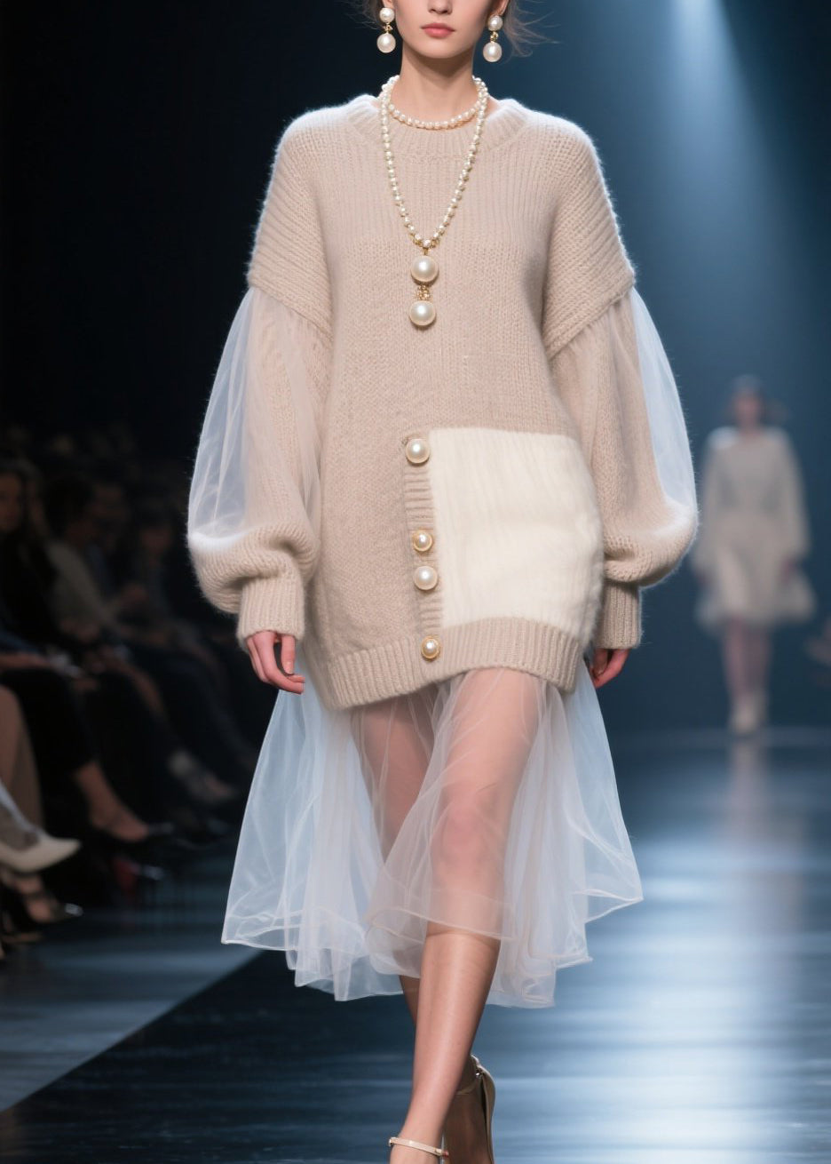 O Neck Tulle Patchwork Knit Long Sweater Fall