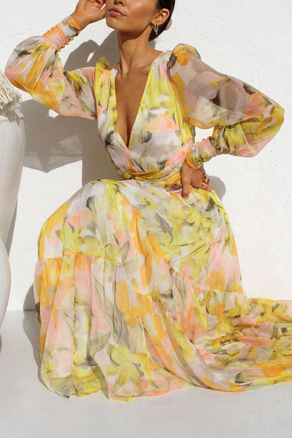 Yellow Olena Abstract Balloon Sleeves Maxi Dress