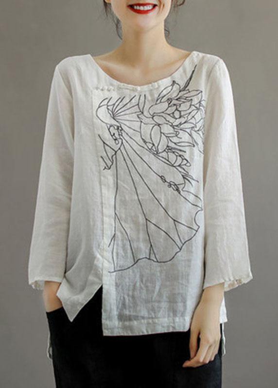 Pink O-neck Button Embroideried Fall Linen Long Sleeve Top
