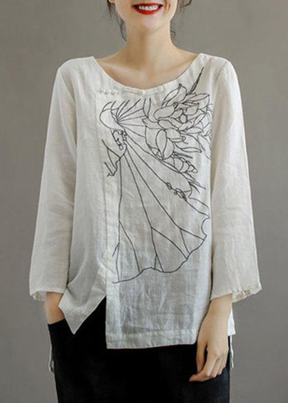 Pink O-neck Button Embroideried Fall Linen Long Sleeve Top