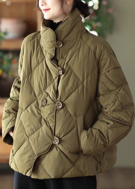 Light Green Loose Duck Down Jacket in Winter Stand Collar Button Winter
