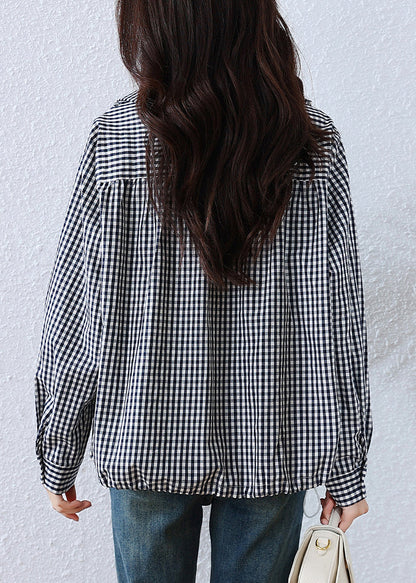 Art Black Plaid Ruffled Drawstring Cotton Blouses Fall