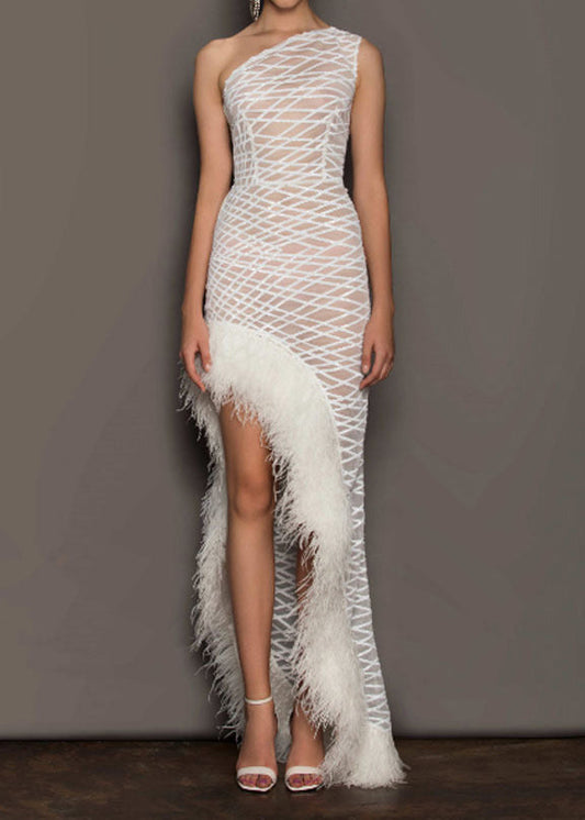 White One-shoulder Asymmetrical Patchwork Tulle Party Dresses Summer