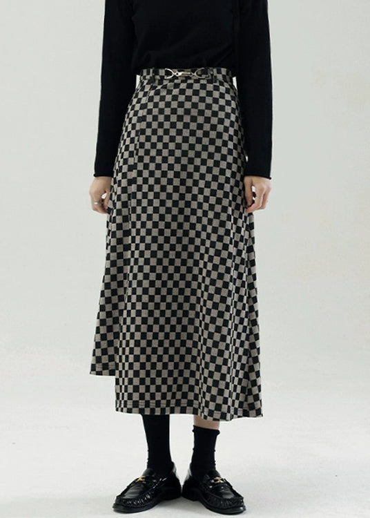 Plaid Side Open High Waist Cotton Skirt Fall