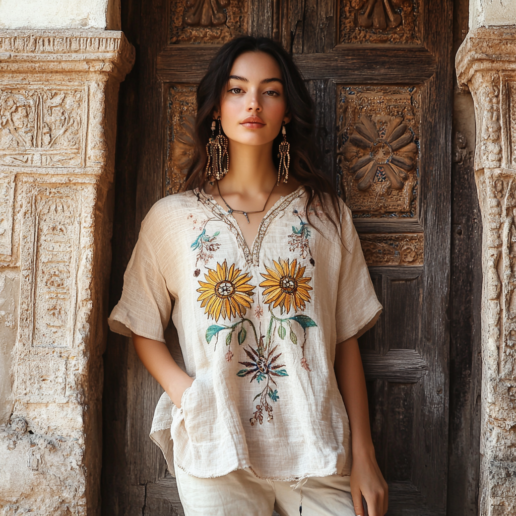 Women's Floral Embroidery Casual Cotton And Linen T-shirt elevenforest
