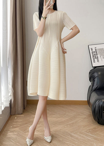 Beige Wrinkled High Waist Cotton Dresses
