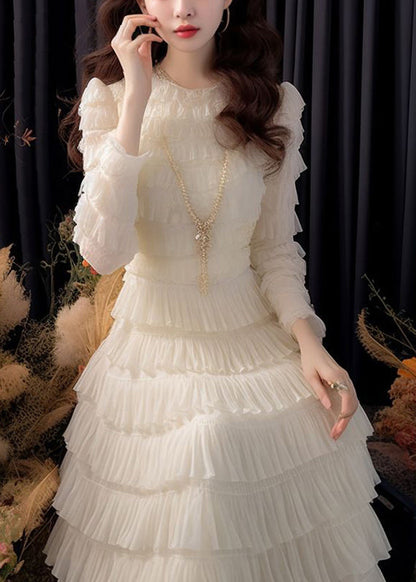Italian White High Waist Chiffon Dresses Long Sleeve