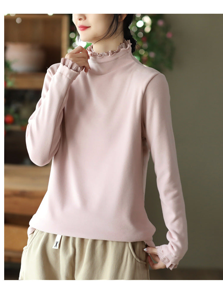 Long-sleeved Plus Fleece T-shirt With Retro Wooden Ears