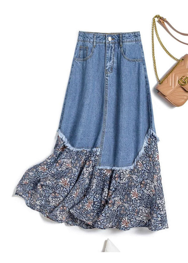 Stylish Denim Blue Asymmetrical Patchwork Print Button Pockets Maxi Skirt Cozy