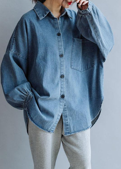 French Low High Design Cotton Shirts Pattern Denim Blue Blouse Fall