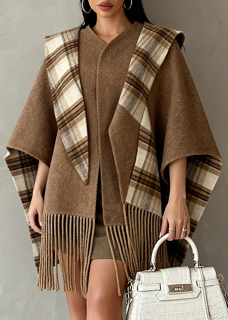 Italian Brown Tasseled Plaid Wear on Both Sides Woolen Cape Coats Spring