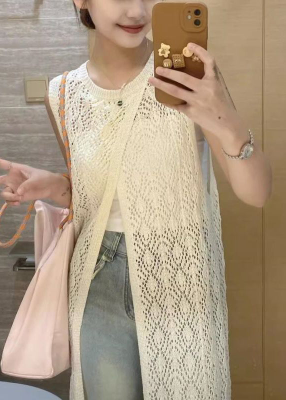 Beige O Neck Side Open Knit Dresses Sleeveless