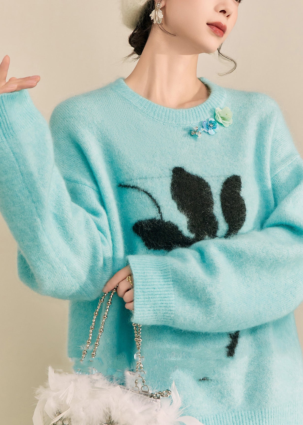 Blue Print Patchwork Thick Cotton Knit Sweater Long Sleeve