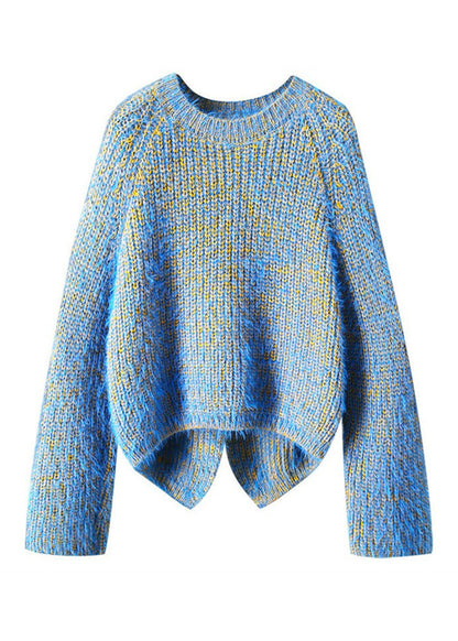 Blue O-neck Cozy Low High Design Knit Sweaters Fall