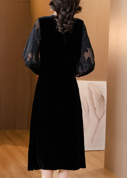 Black O-neck Embroidered Tulle Patchwork Silk Maxi Dresses Fall