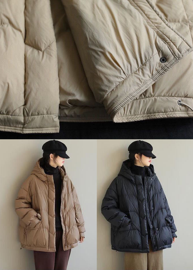 Khaki Duck Down Puffer Jacket Hooded Pockets Winter
