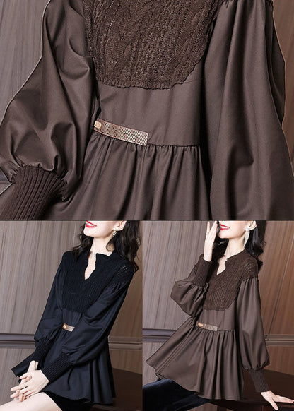 Coffee Patchwork Knit Blouse Tops V Neck Ruffles Long Sleeve