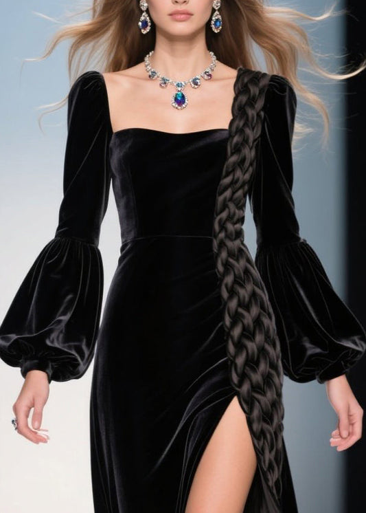 Black Square Collar Patchwork Side Open Silk Velvet Party Dress Lantern Sleeve