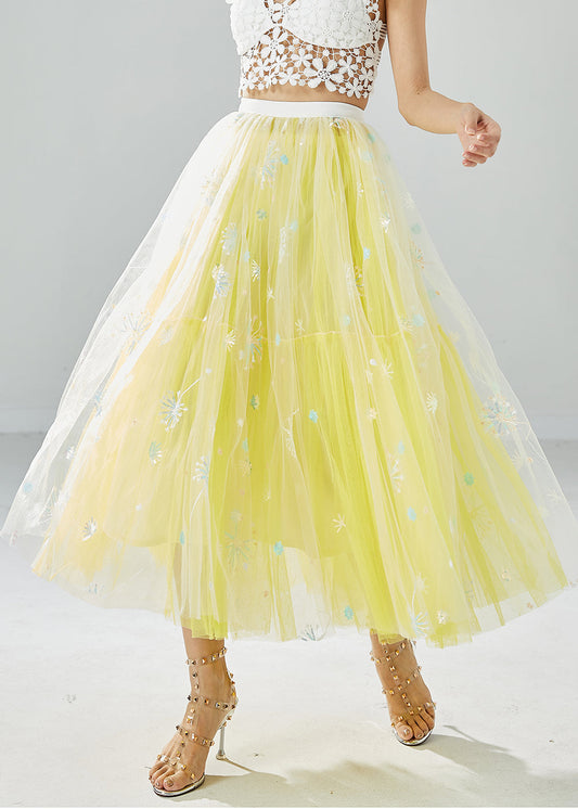 Yellow Dandelion Embroideried Wear on Both Sides Tulle Skirts Summer
