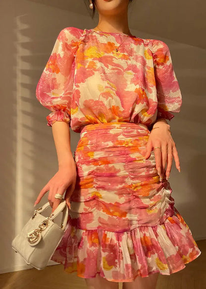 Red Wrinkled Print Chiffon Tops and Wraped Skirts Sets Two Pieces Summer