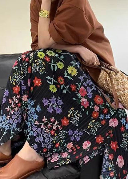 Black Side Open Elastic Waist Cotton Print Summer Skirts
