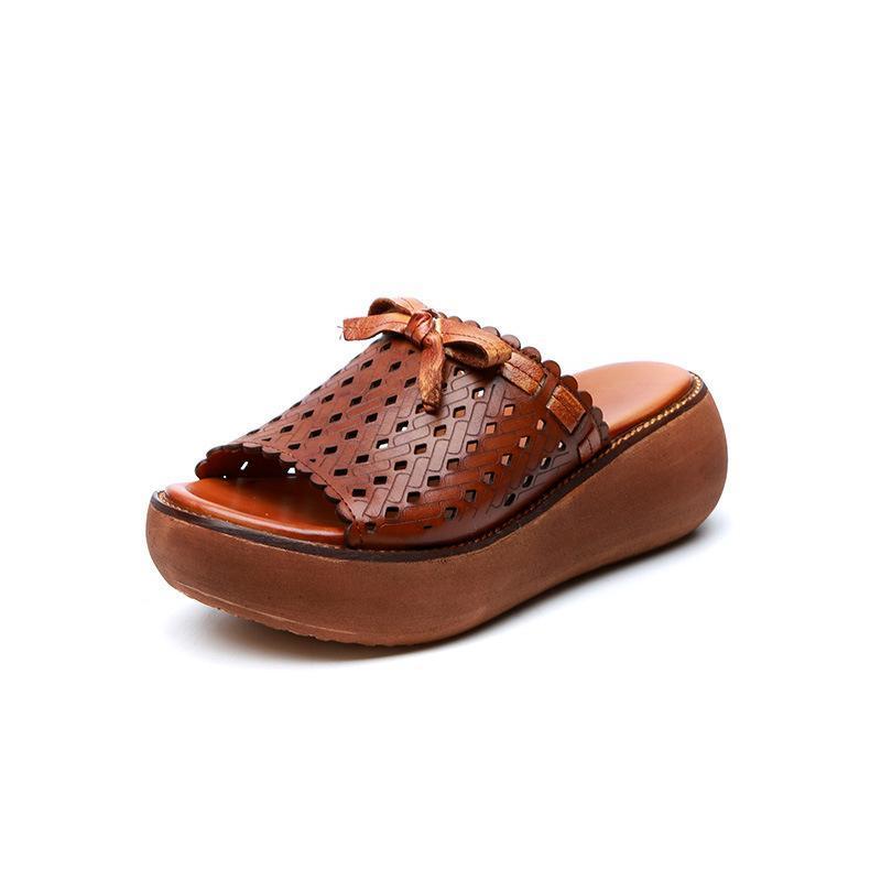 Leather Hollow Out Wedge Slippers