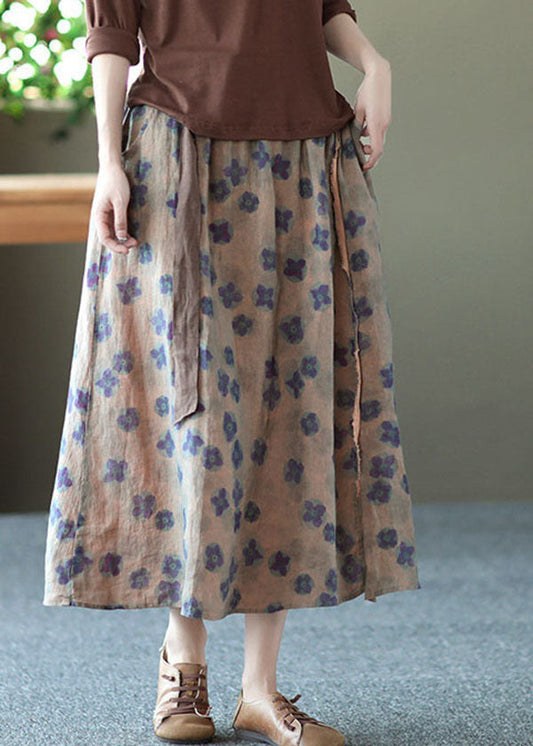 Yellow Pockets Print Linen a Line Skirts Summer