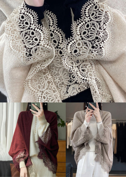 Camel V Neck Hollow Out Lace Woolen Cardigans Batwing Sleeve