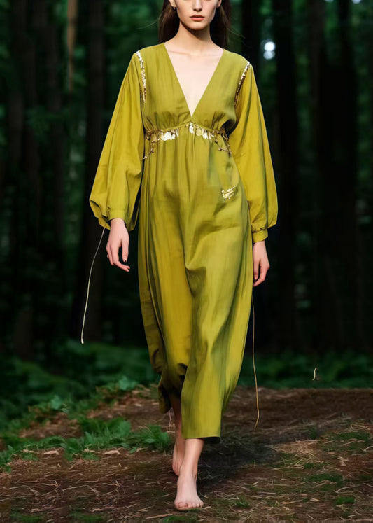 Grass Green V Neck Cotton Ankle Dress Spring