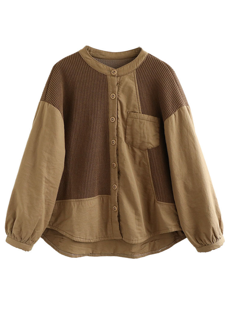Classy Coffee O-neck Patchwork Pockets Fine Cotton Filled Parka Jacket Winter